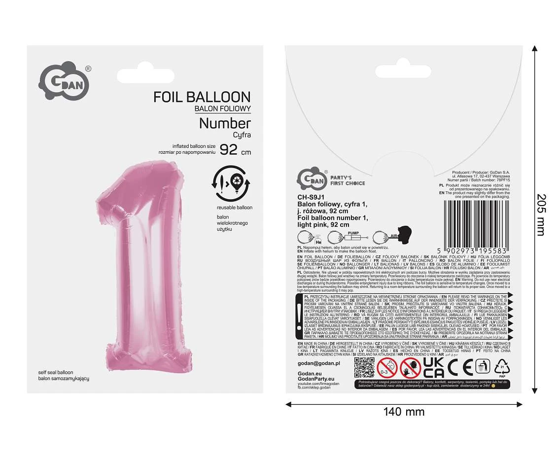 Foil balloon B&C Number 1, light pink, 92 cm